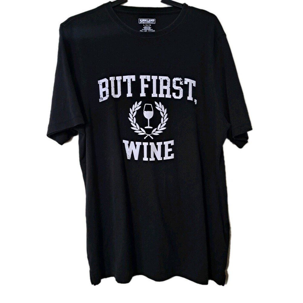 068) Old Navy Womens Black Tshirt But First Wine Large Luxe Short Sleeve